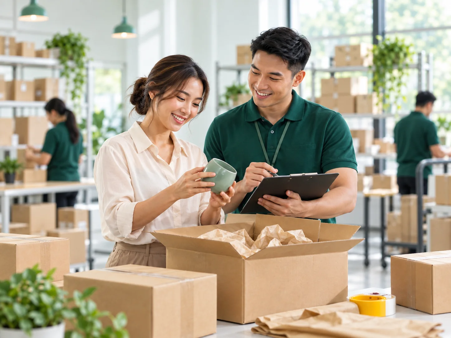 Negosyante at logistics partner na magkasamang sumusuri ng imported na produkto