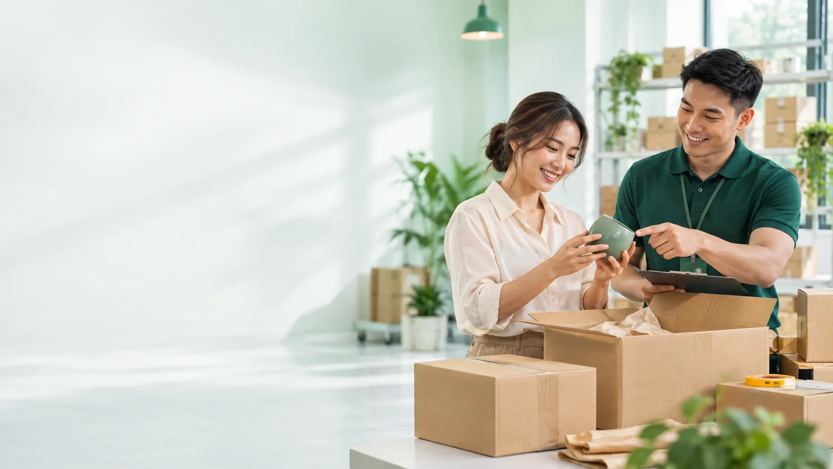 Isang negosyanteng Pilipino na sinusuri ang mga produkto habang inaabot ng Banthu delivery partner ang branded na parcel
