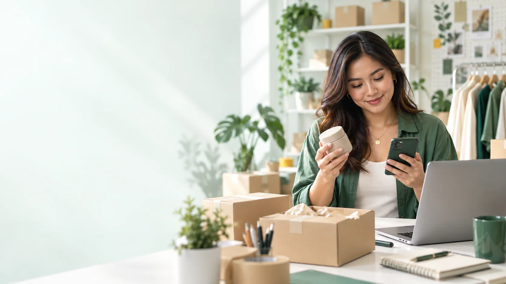 Isang Filipino online seller na tumitingin ng sample ng produkto at telepono sa tabi ng mga papasok na parcel