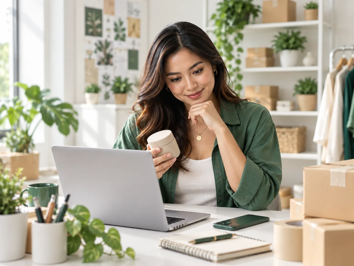 Filipino online seller na naghahambing ng sample ng produkto habang nagba-browse sa laptop