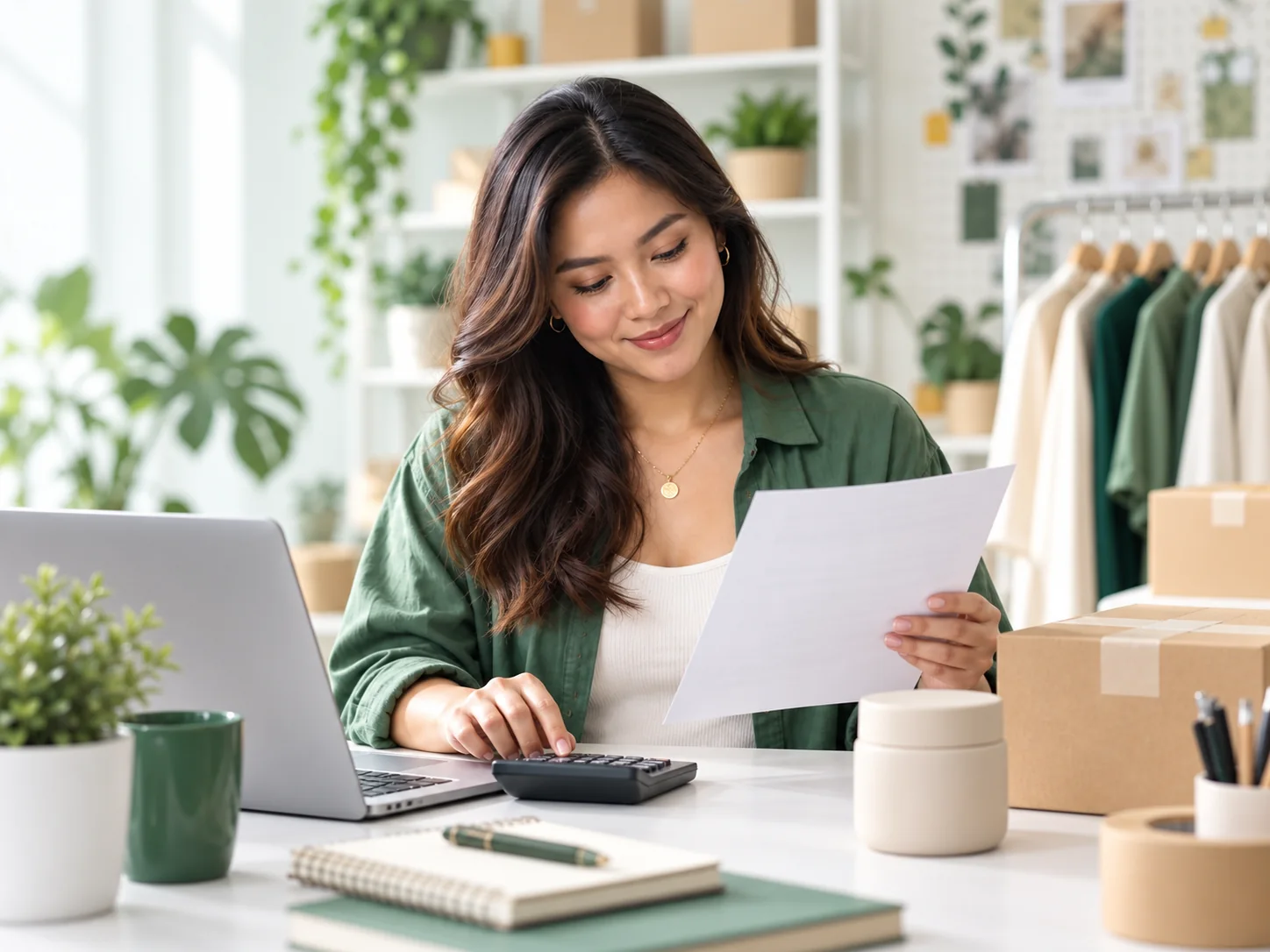 Online seller na sinusuri ang quotation gamit ang laptop at calculator