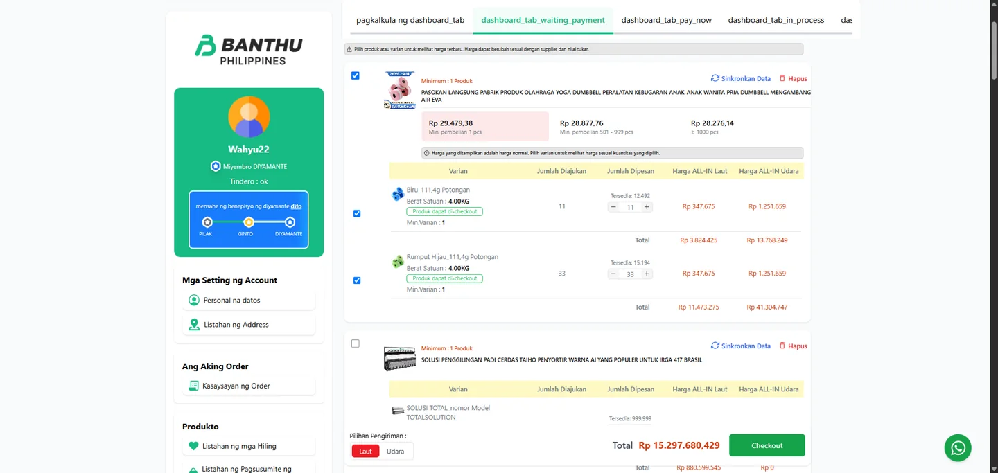 Dashboard ng Banthu na nagpapakita ng kumpletong quotation at all-in na presyo para sa dagat at eroplano