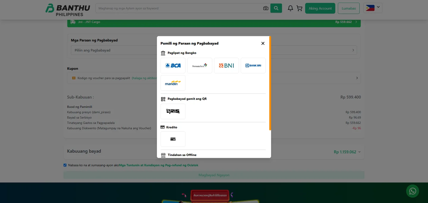 Checkout dialog ng Banthu na nagpapakita ng mga available na paraan ng pagbabayad